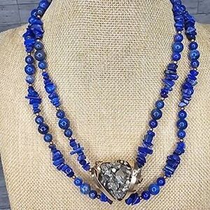 Lapis Lazuli, Sodalite Chip 2 Strand Necklace Large Druzy Pendant 18"L